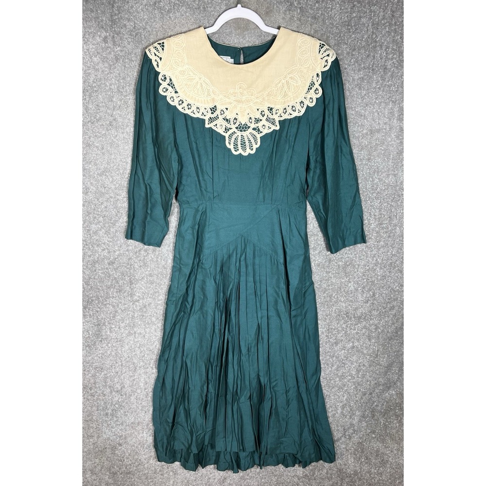 Vintage All Week Long Dress‎ Womens Size 12 Green Ecru Lace Collar Pleated Midi